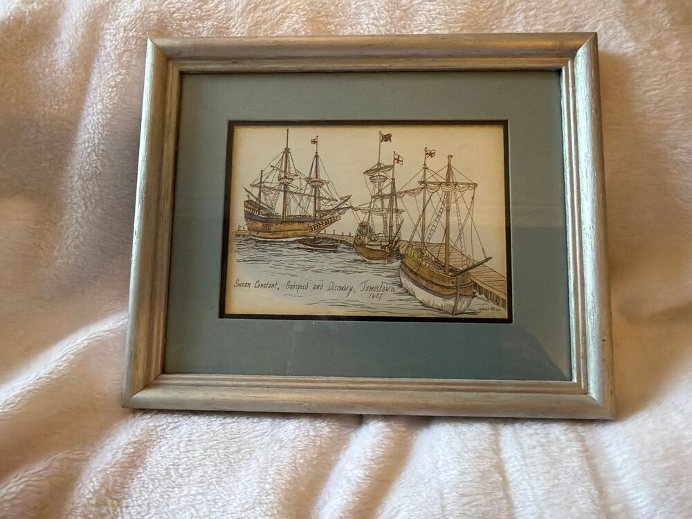 Framed Weiss 1984 Jamestown 1607 Susan Constant Godspeed Discovery Ship Art